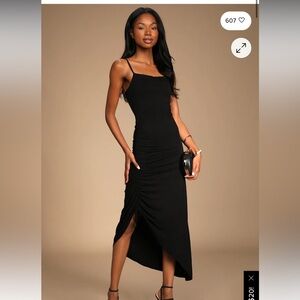 Got the Curves Black Ruched Drawstring Asymmetrical Midi Dress.  Size M.